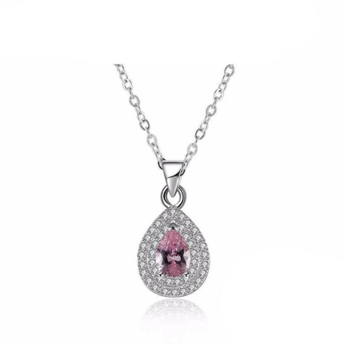 Solid Women’s 925 Sterling Silver Necklace with Water Drop Pink Stone Pendant, Trendy Wedding Jewelry for Ladies