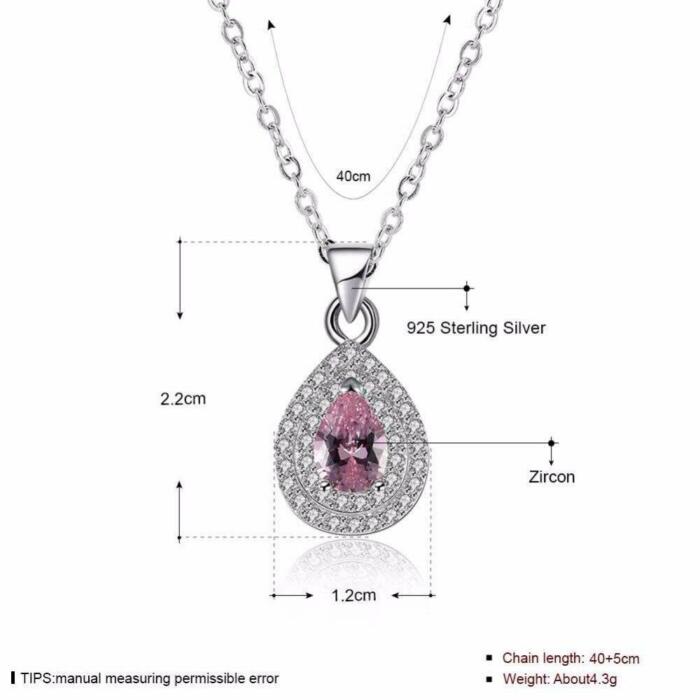 Sterling Silver Necklace with Water Drop Pink Stone Pendant