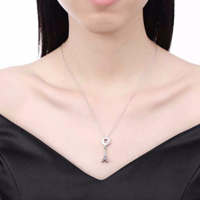 Women’s 925 Sterling Silver Solid Necklace with Eiffel Tower Design Pendant, Fashion Jewelry for Ladies