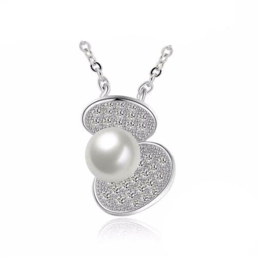Solid Women’s 925 Sterling Silver Necklace with Simulated Pearl Shell Design Pendant, Trendy Fashion Jewelry for Women