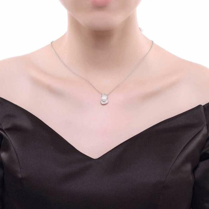 Solid Women’s 925 Sterling Silver Necklace with Simulated Pearl Shell Design Pendant, Trendy Fashion Jewelry for Women