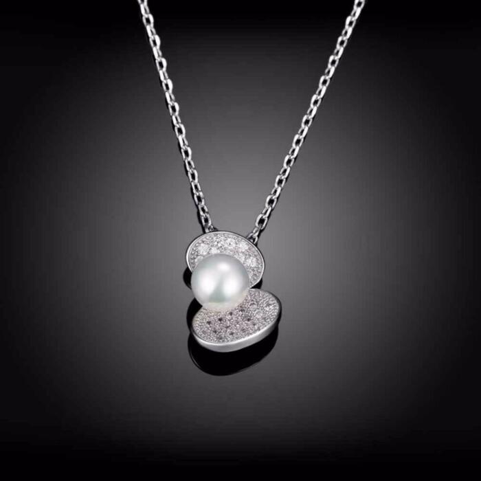 Sterling Silver Necklace with Simulated Pearl Shell Design Pendant