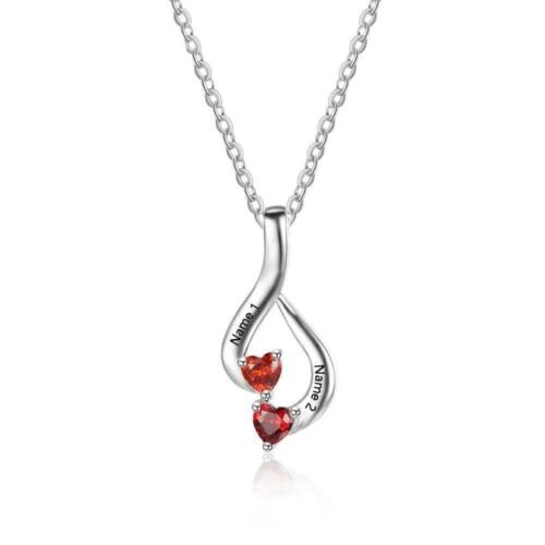 Personalized Sterling Silver Necklace with Inverted Heart Shape Engrave Name & Birthstones Pendant