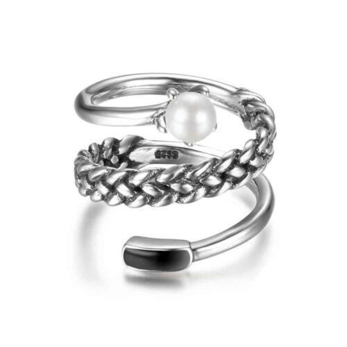 925 Sterling Silver Old Twist Ring for Women - Twisted Ring with Simulated Pearl for Parties