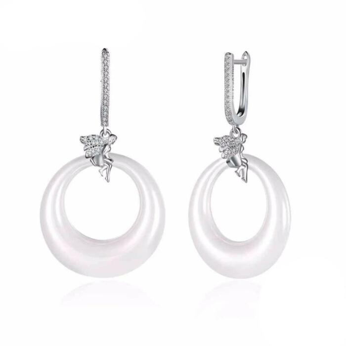 Sterling Silver Earrings - Drop Earrings - Round Ceramic Earrings