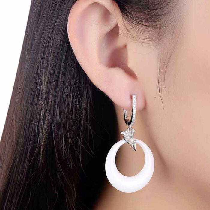 Sterling Silver Earrings for Women- Drop Earrings for Women- Round Ceramic Earrings for Women- Party Earrings for Women- Jewelry for Women