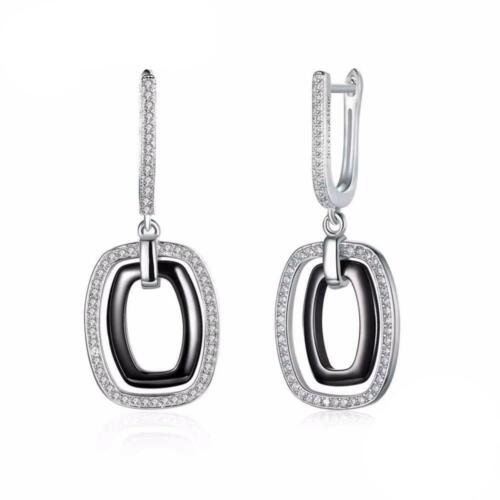 925 Sterling Silver Black Rectangular Drop Earring, Vintage Fashion Jewelry for Women, Gift for Her