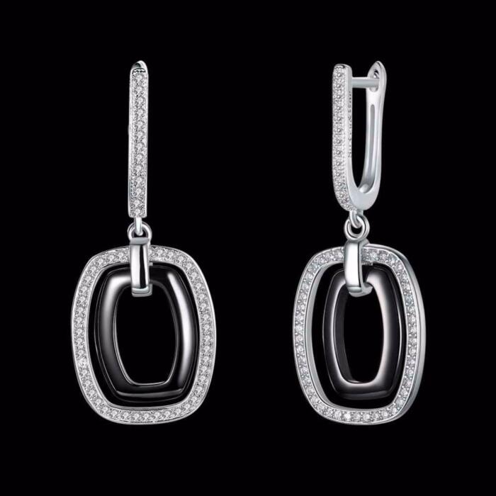 925 Sterling Silver Black Rectangular Drop Earring, Vintage Fashion Jewelry for Women, Gift for Her