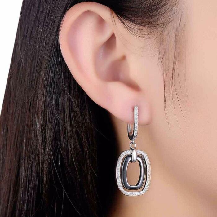 Sterling Silver Black Rectangular Drop Earring