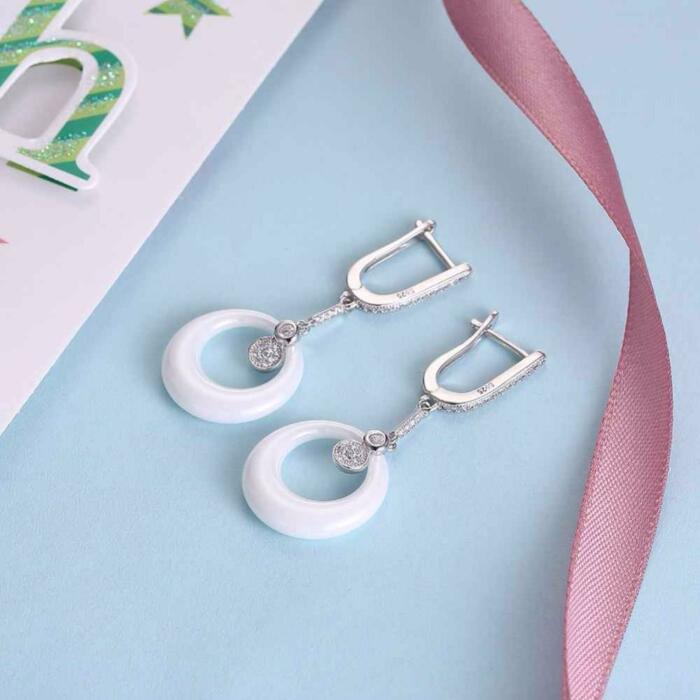 925 Sterling Silver Drop Earrings - Vintage White Round Ceramic Earrings For Women - Drop Earrings For Women - Fashion Wedding Jewelry - Wedding Jewelry Gift For Women