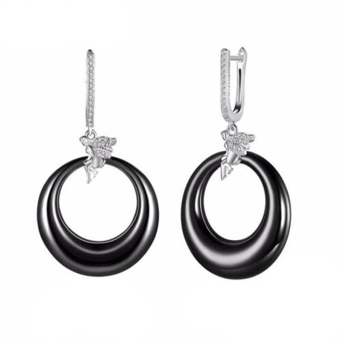 Sterling Silver Drop Earrings with Angel Black Round Ceramic Dangler