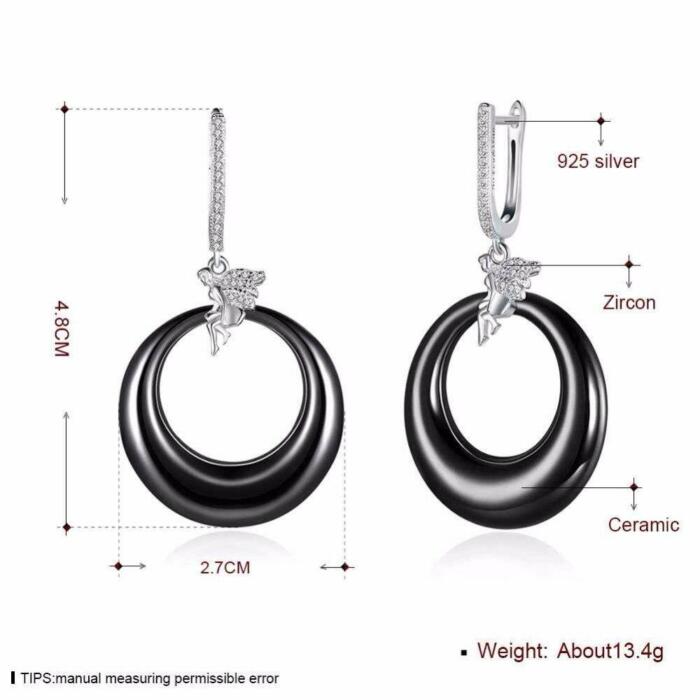 Sterling Silver Drop Earrings with Angel Black Round Ceramic Dangler