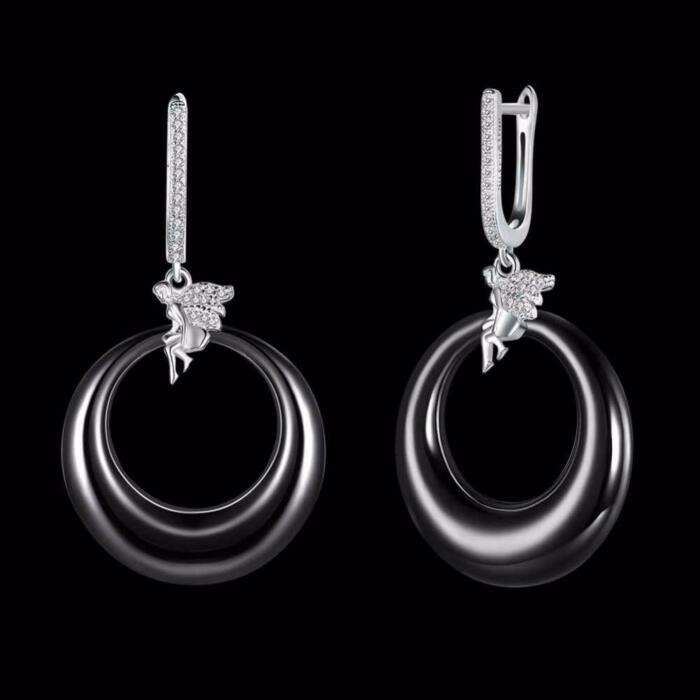 Women’s 925 Sterling Silver Drop Earrings with Angel Black Round Ceramic Dangler, Trendy Jewelry for Females