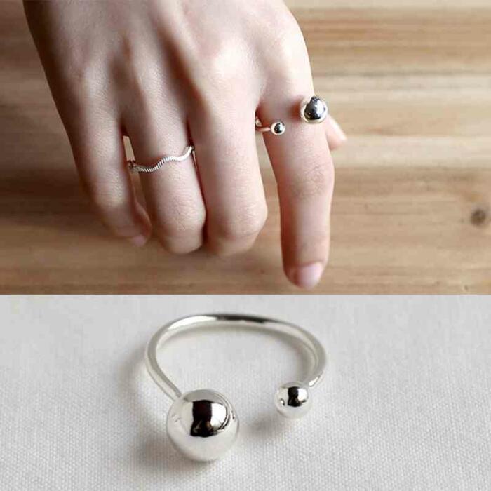 925 Sterling Silver Open Cuff Ring for Women- Flexible Ring with Double Silver Balls for Modern Jewelry Lovers