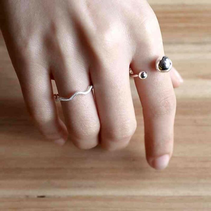 925 Sterling Silver Open Cuff Ring for Women- Flexible Ring with Double Silver Balls for Modern Jewelry Lovers