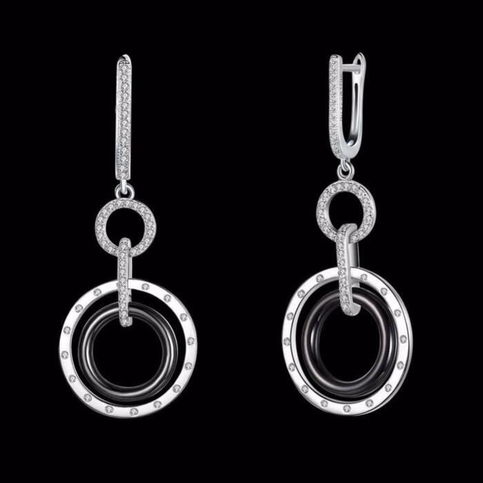 Sterling Silver Black Ceramic Round Drop Earring