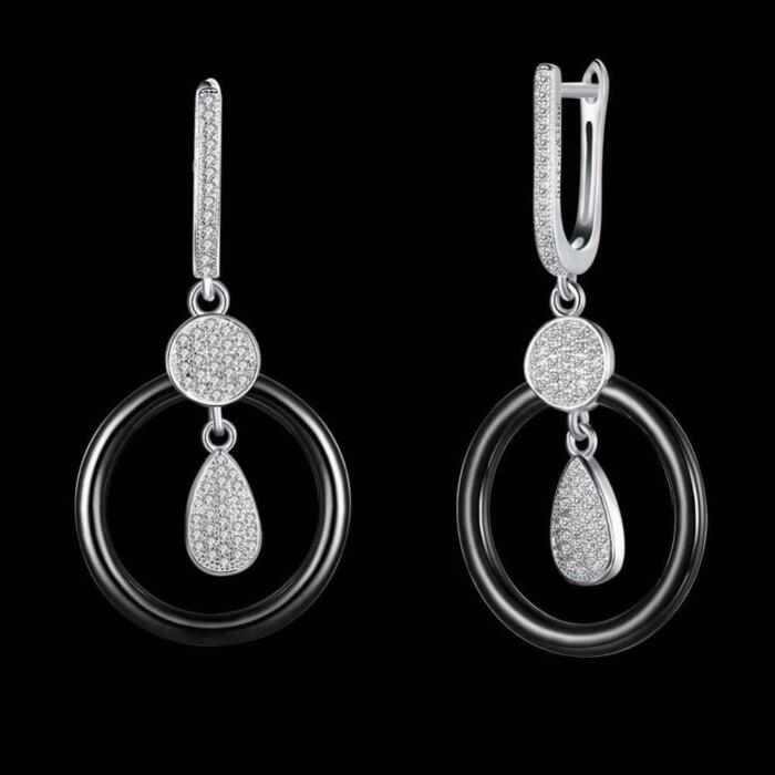 925 Sterling Silver Black Ceramic Round Drop Earring, Water Droplet Style Dangle Jewelry for Women, Gift for Her