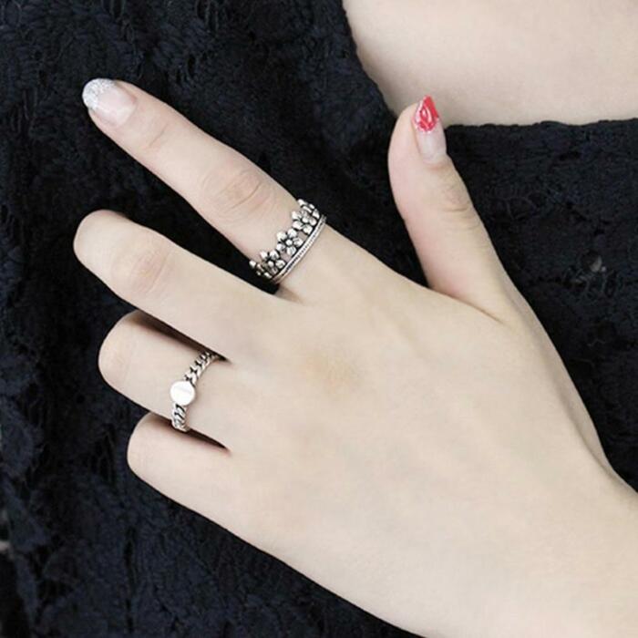Vintage 925 Sterling Silver Flowers Shape Ring for Women, Adjustable Ring Jewelry