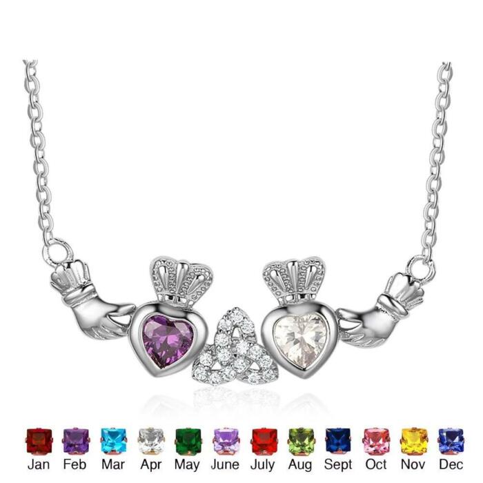 Sterling Silver Claddagh Necklace&Pendants 2 Heart Crown Customized Stones Necklace Irish Friendship Gift