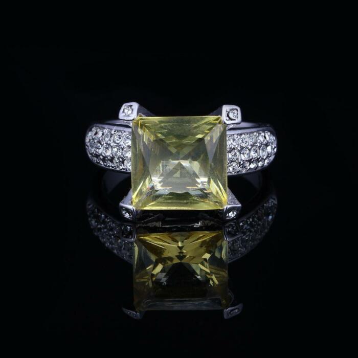 Sterling Silver Square Yellow CZ Alloy with Rhodium Plated Ring for Women