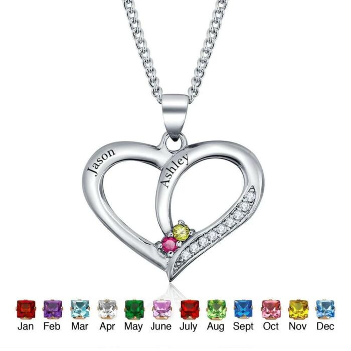Personalized Sterling Silver Name Necklace with Heart Pattern Pendant & Birthstone