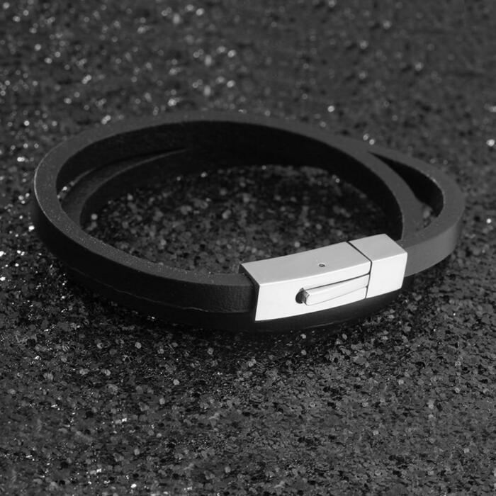 Trendy Stainless Steel & Genuine Leather Men’s Bracelets, Black Wrap Wristband Accessory for Men