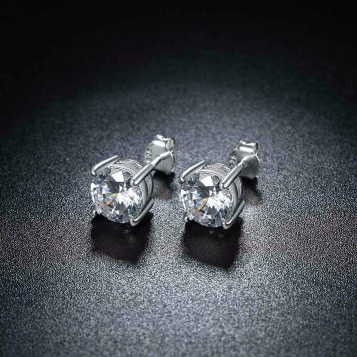 925 Sterling Silver Female Stud Earrings For Women - Four Claws 8mm Cubic Zirconia Jewelry Earrings For Women - Fashion Wedding Jewelry - Wedding Jewelry Gift For Women