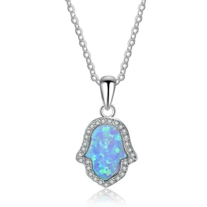 Opal Stone Pendant with Sterling Hamas Hand Shaped Pendant