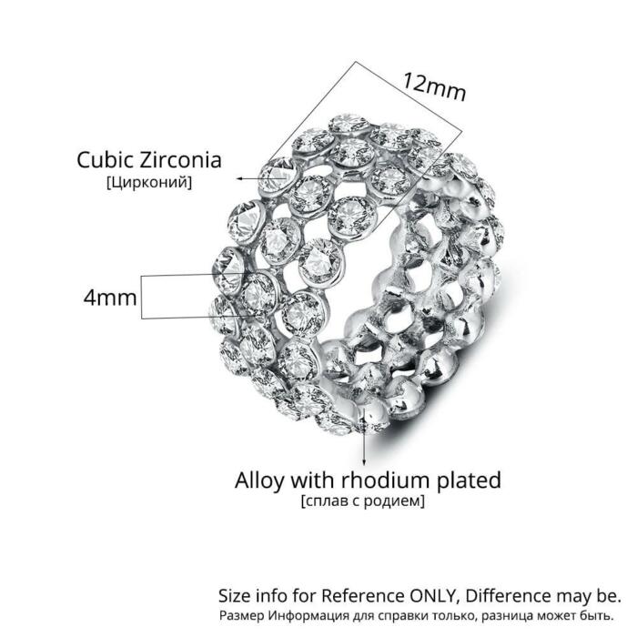 Luxurious Zinc Alloy Rhodium Plated Rings for Women with 3 Rows of Shiny White Cubic Zirconia Stones – Trendy Jewelry Gift