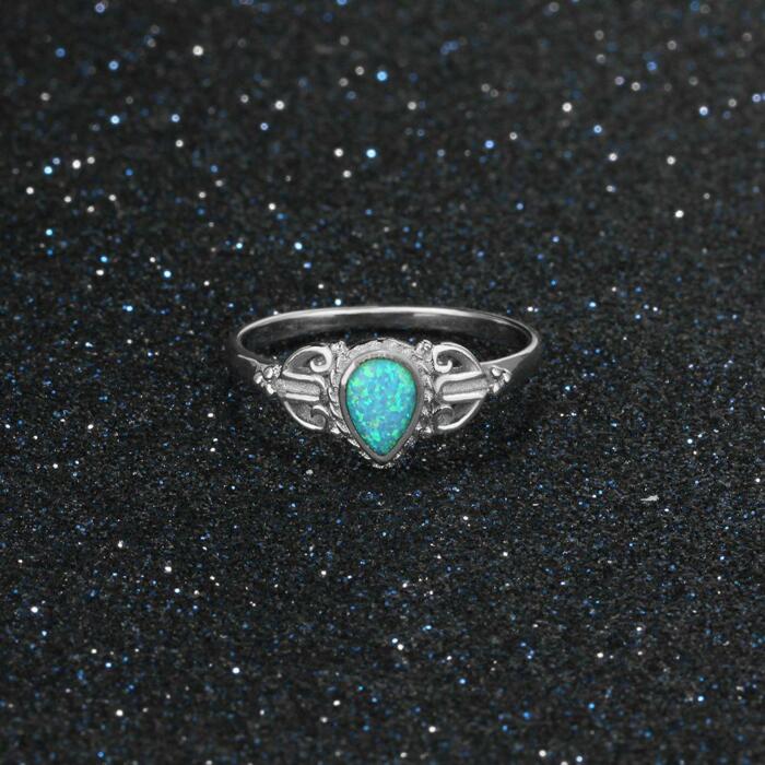 925 Sterling Silver Elegant Rings for Women – Water Drop Shape Blue Opal Stone – Fashion Jewelry Birthday Gift for Mother