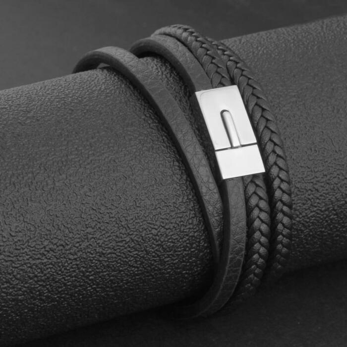 Classy Genuine Leather Braided Bracelets for Men with Details - Image 4