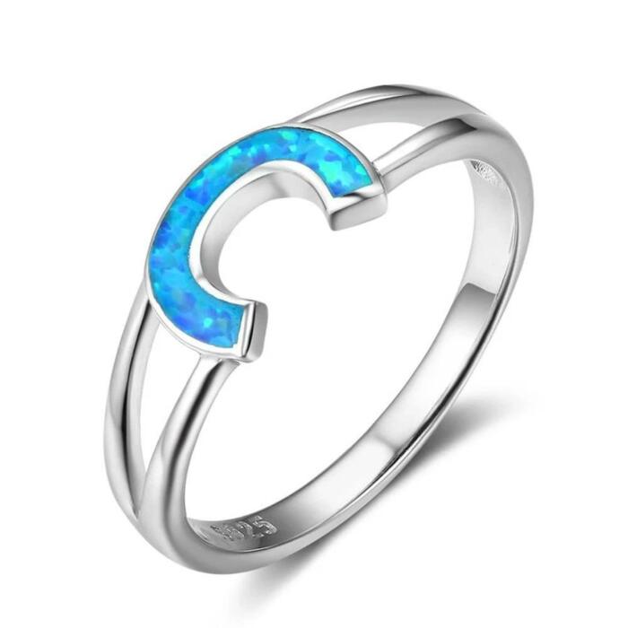Authentic 925 Sterling Silver Rings with Blue Opal Stone Letter C Design – Trendy Jewelry Gift for Women
