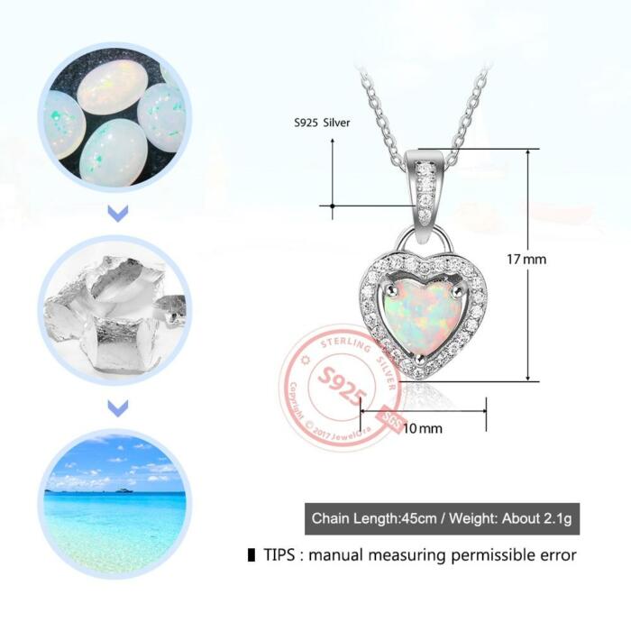Opal Stone Heart Pendant Silver Necklace