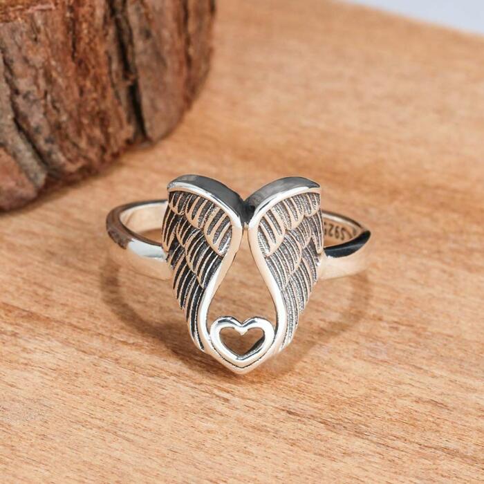 925 Sterling Silver Angel Wings with Heart Rings, Fashion Jewelry Gifts for Women