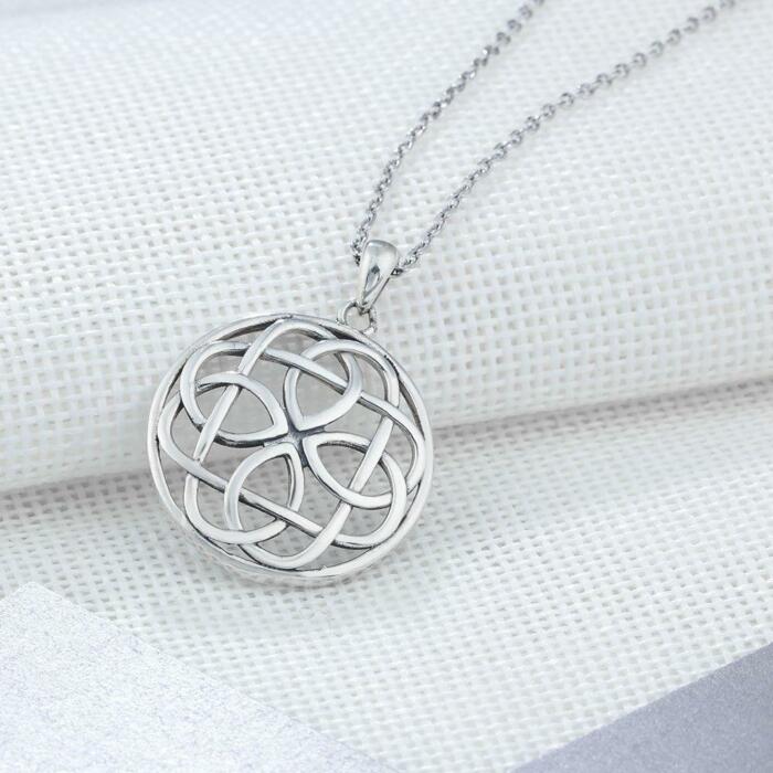 Sterling Silver Large Round Pendant Necklace - Geometric Pattern