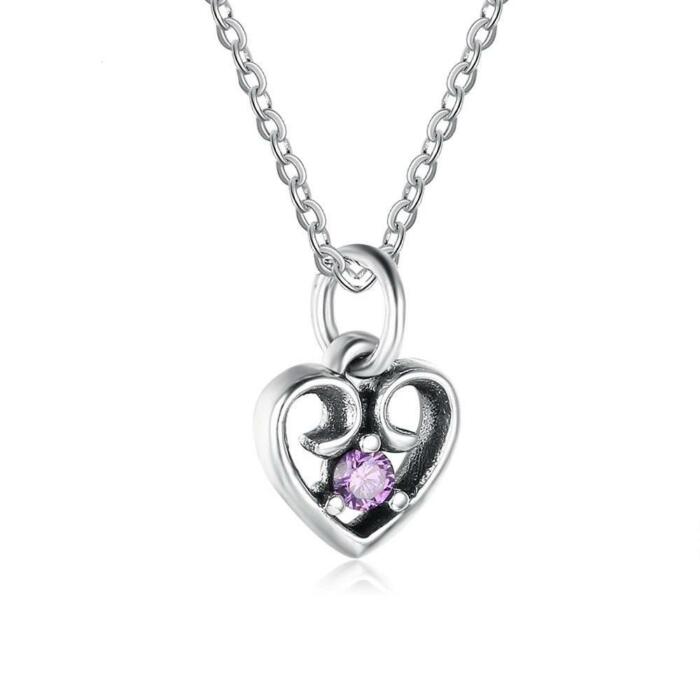 Purple Cubic Zirconia Heart Design 925 Sterling Silver Pendant Necklace For Women Jewelry Gift For Love