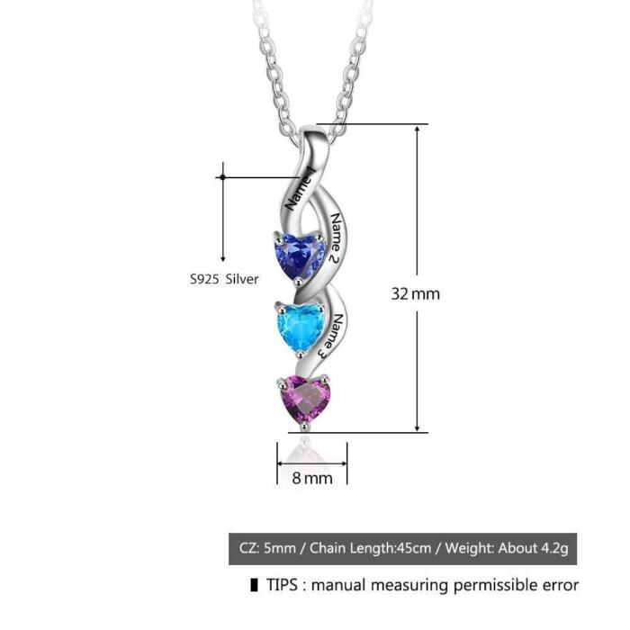 Sterling Silver 3 Heart Personalized 12 Birthstone Engrave Name Pendant Necklace
