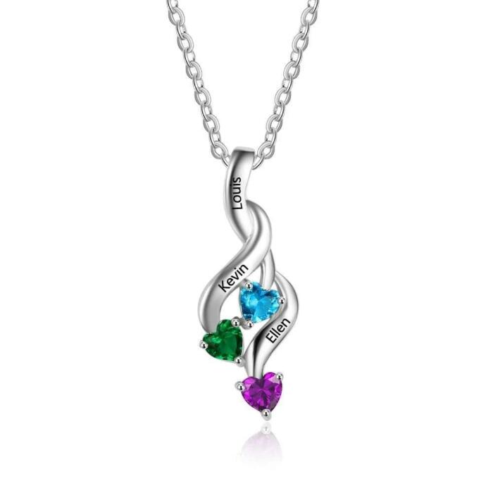 Personalized 3 Heart Birthstone Engrave Name Pendant Necklace