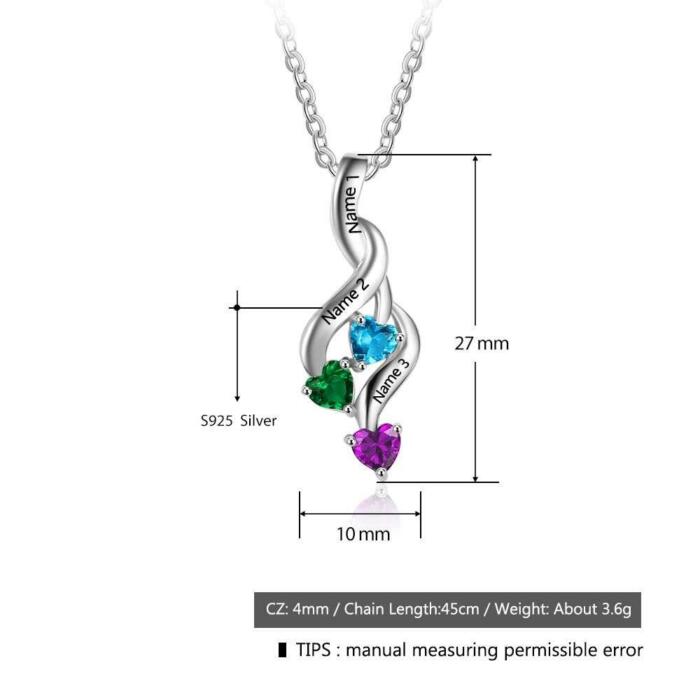 Personalized 3 Heart Birthstone Engrave Name Pendant Necklace