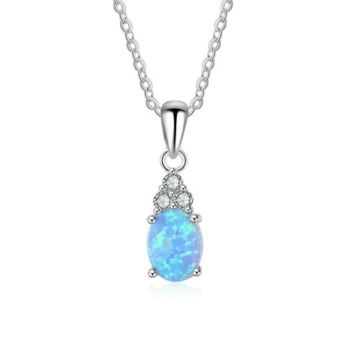 925 Sterling Silver Jewelry Necklace with Oval Blue Opal Stone Pendant, Best Gift for Her