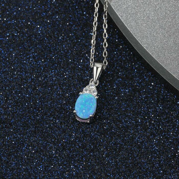 925 Sterling Silver Jewelry Necklace with Oval Blue Opal Stone Pendant, Best Gift for Her