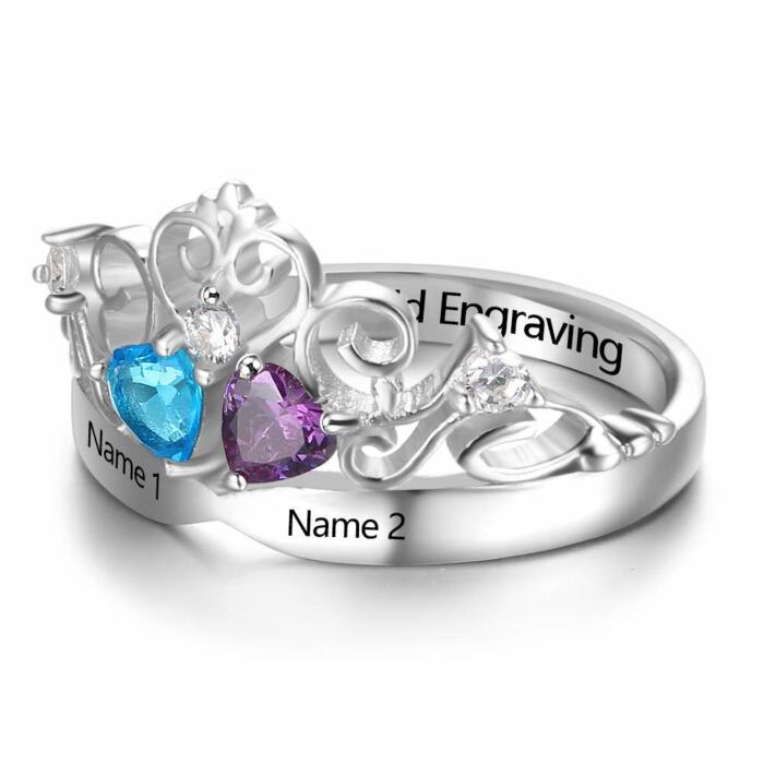 Art Pattern Birthstone Engraved Ring - Sterling Silver Jewelry - Crown Design