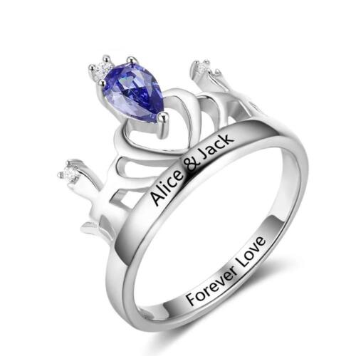 Classic Crown Sterling Silver Ring for Women- Custom Birthstone and Name Engraving Ring for Wife or Girlfriend