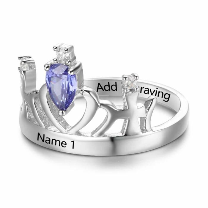 Classic Crown Sterling Silver Ring for Women- Custom Birthstone and Name Engraving Ring for Wife or Girlfriend