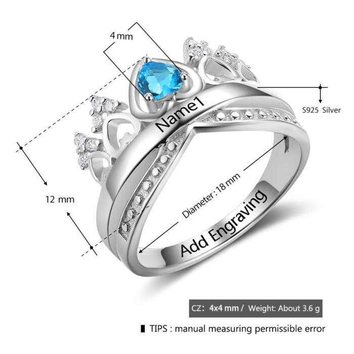 Crown Shaped Sterling Silver Ring with Birthstone Setting in Shape of Heart
