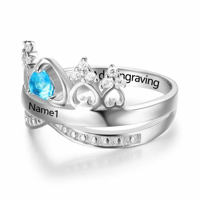 Crown Shaped 925 Sterling Silver Ring with Birthstone Setting in Shape of Heart, Personalized Gift of Love