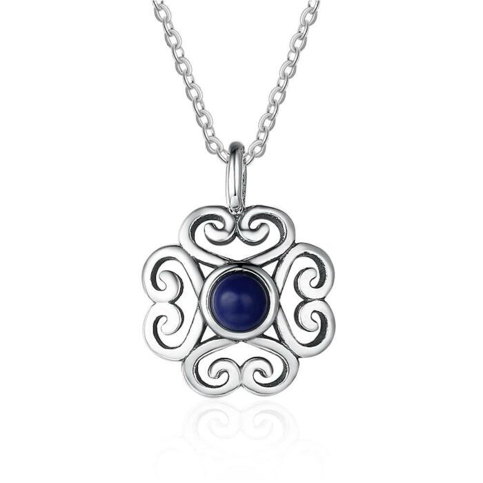 Fashion Sterling Silver Floral Pattern Necklace with Blue Cubic Zirconia Pendant