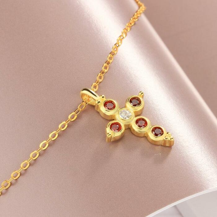 Fashion 925 Sterling Silver Gold Plated Cross Pattern Necklace with Red CZ Pendant, Vintage Jewelry for Women