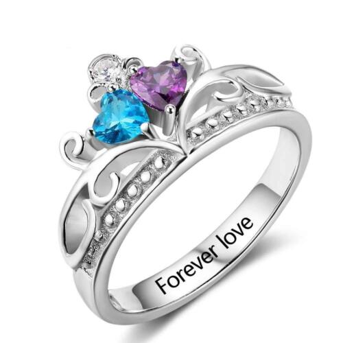 Personalized 925 Sterling Silver Heart Crown Ring for Women- Custom 2 Birthstones and Cubic Zirconia Stones Ring