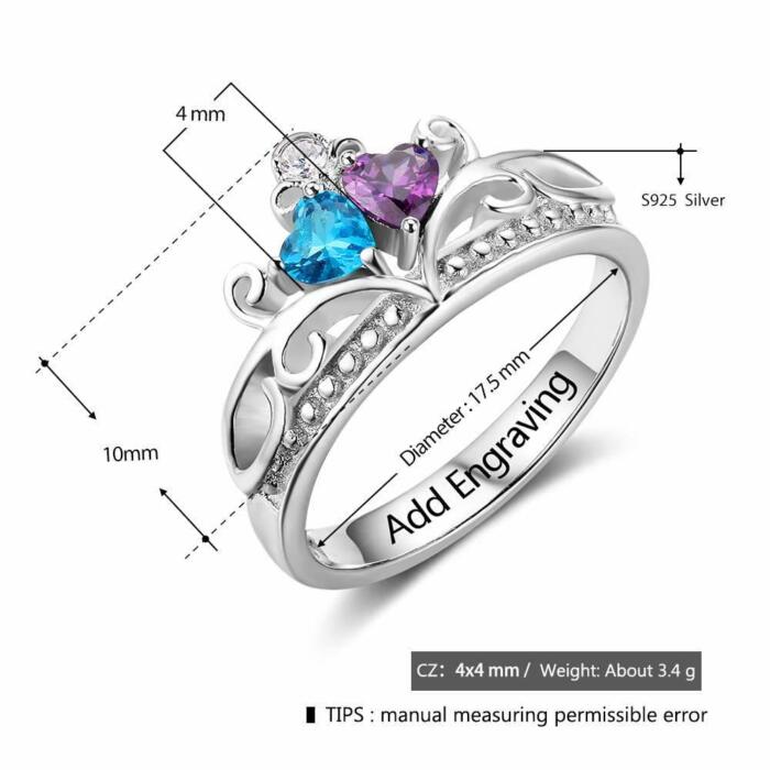 Personalized Sterling Silver Heart Crown Ring - Custom 2 Birthstones